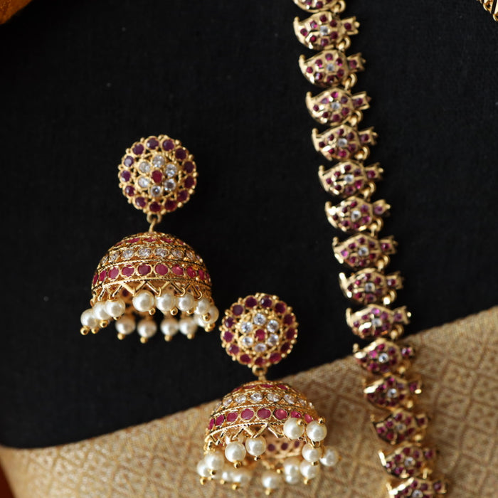 Heritage gold plated ruby stone and pearl padakam set with jumka 767819