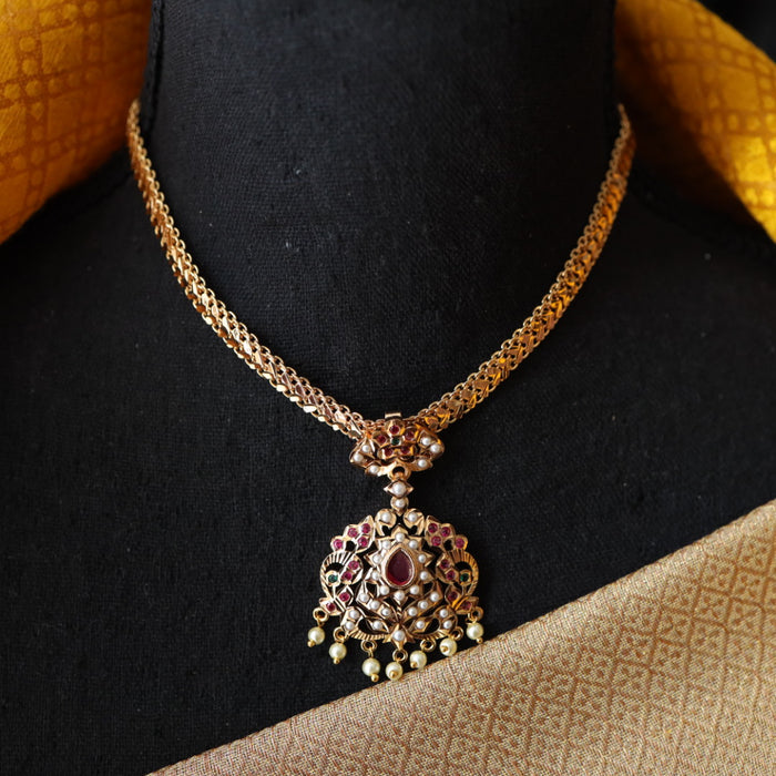 Heritage gold plated ruby stone and pearl short necklace 76779