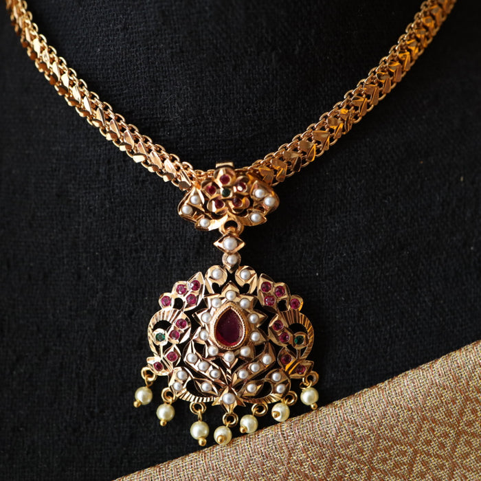 Heritage gold plated ruby stone and pearl short necklace 76779