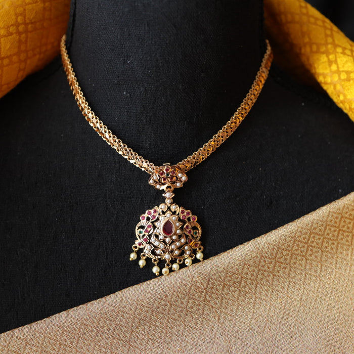 Heritage gold plated ruby stone and pearl short necklace 76779