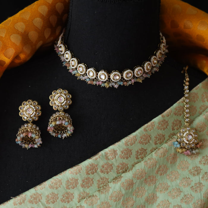 Trendy multi bead short necklace with earrings and tikka 4322