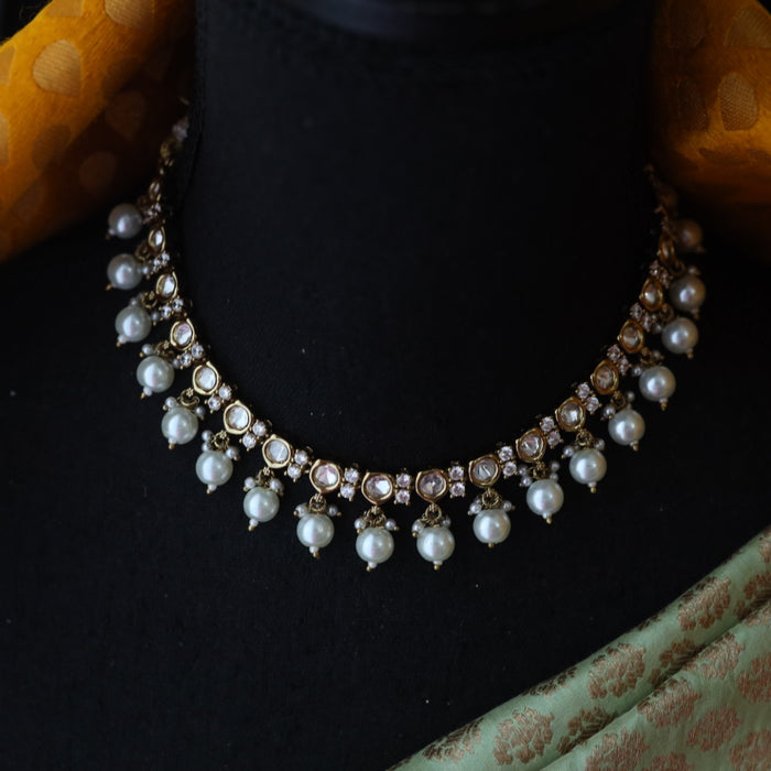 trendy white pearl short necklace with earrings 146590