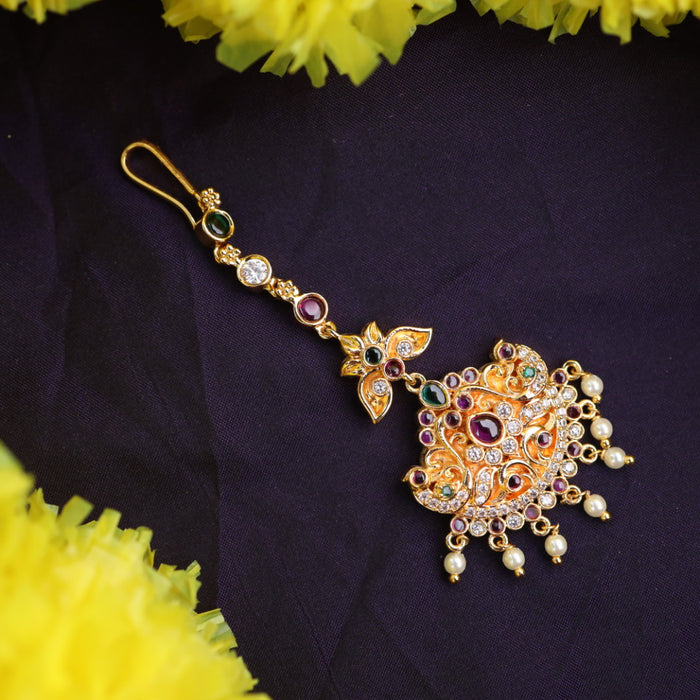 Heritage gold plated ruby green white stone tikka 12695