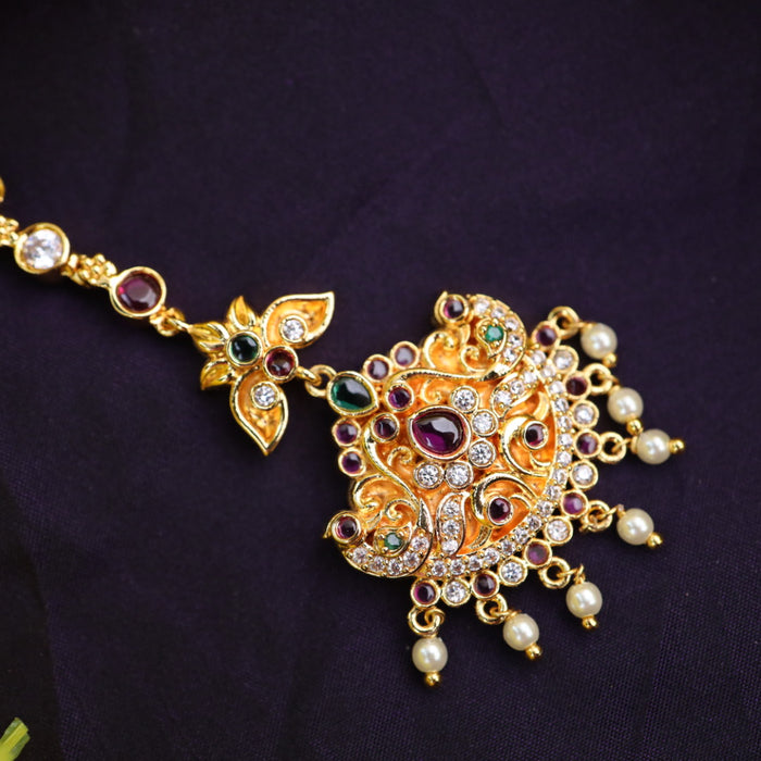 Heritage gold plated ruby green white stone tikka 12695