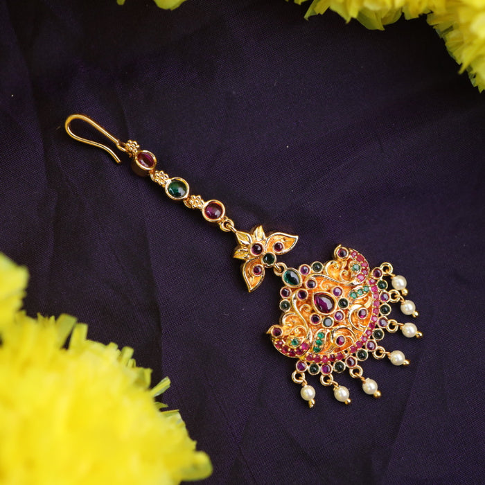 Heritage gold plated ruby green stone tikka 222693