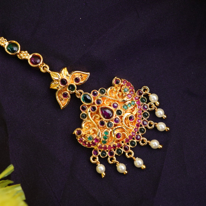 Heritage gold plated ruby green stone tikka 222693