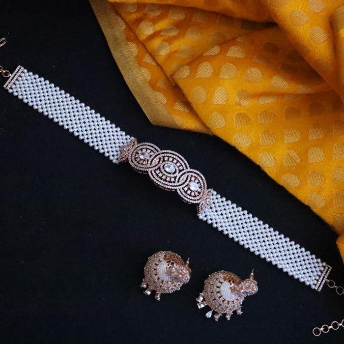 Rosegold tone pearl choker necklace with jumka 144890