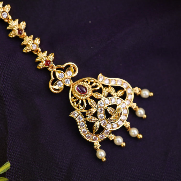 Heritage gold plated ruby green white stone tikka 222632