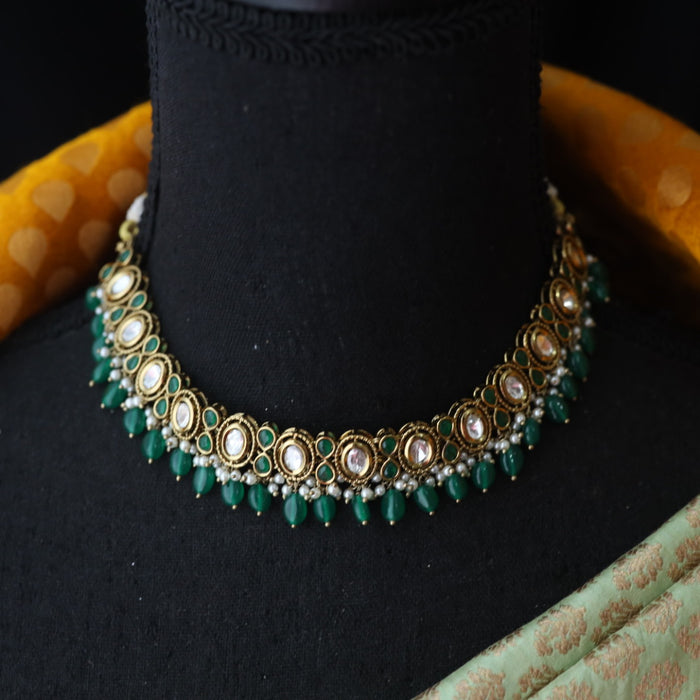 Trendy green bead short necklace with earrings and tikka 146577
