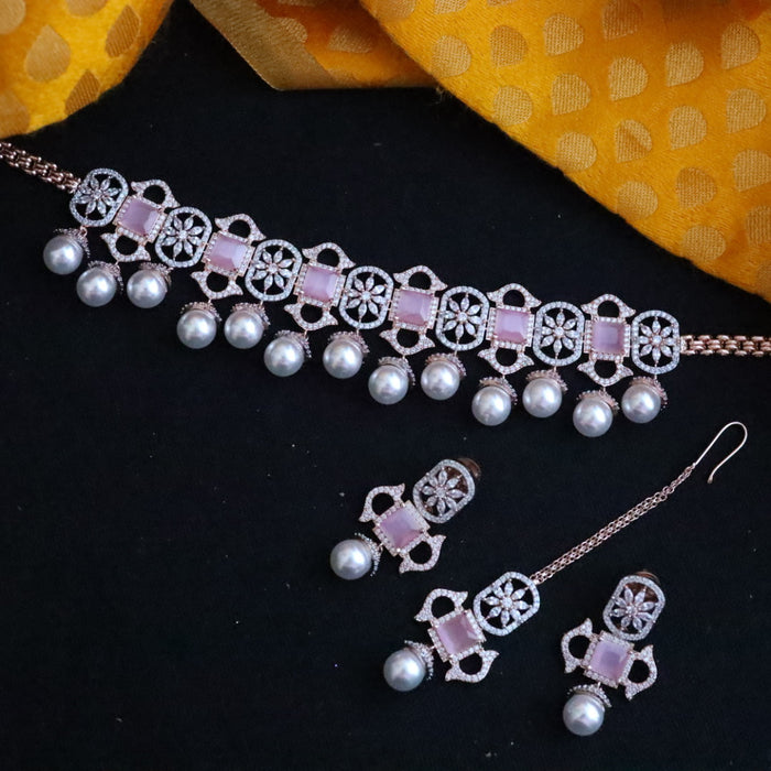 Rosegold tone pearl choker necklace with earrings and tikka 177092