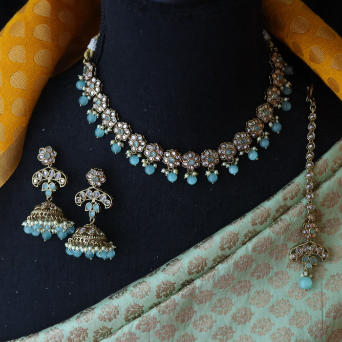 Trendy mint green bead short necklace with earrings and tikka 14854978