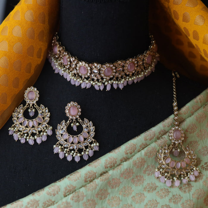 Trendy pink bead short necklace with earrings and tikka 1485556