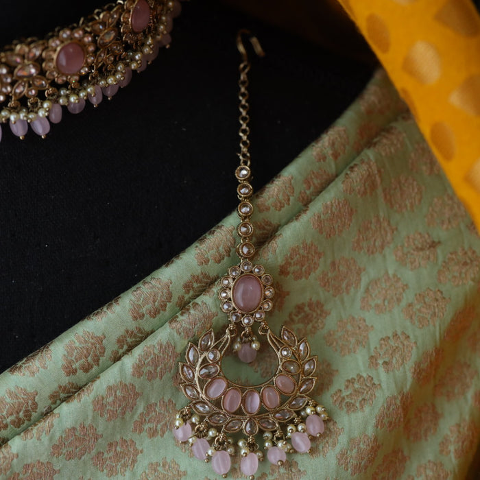 Trendy pink bead short necklace with earrings and tikka 1485556