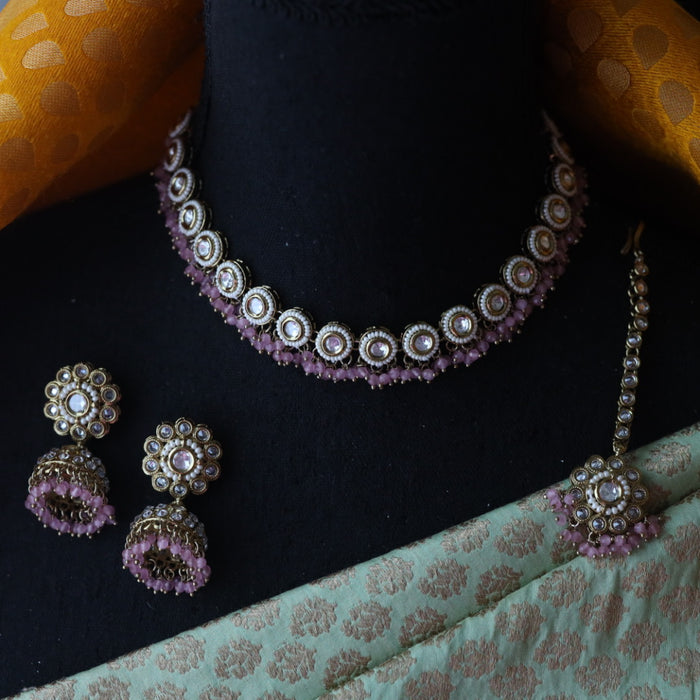 Trendy pink short necklace with earrings and tikka 14855789