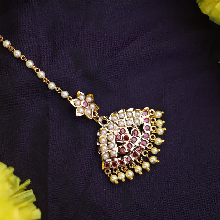 Heritage gold plated ruby stone and pearl tikka 33224442