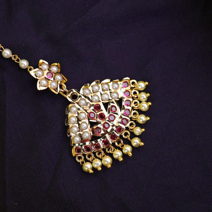 Heritage gold plated ruby stone and pearl tikka 33224442