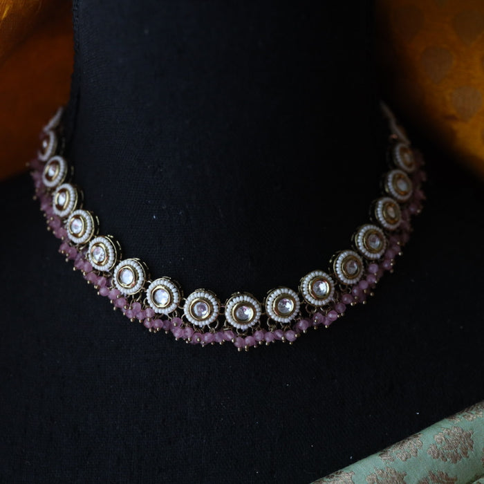 Trendy pink short necklace with earrings and tikka 14855789