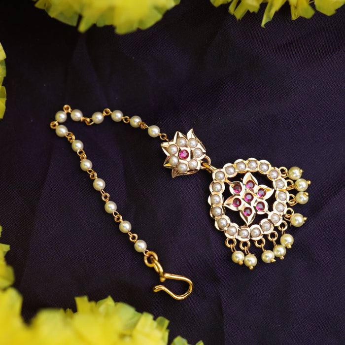 Heritage gold plated ruby stone and pearl tikka 331122