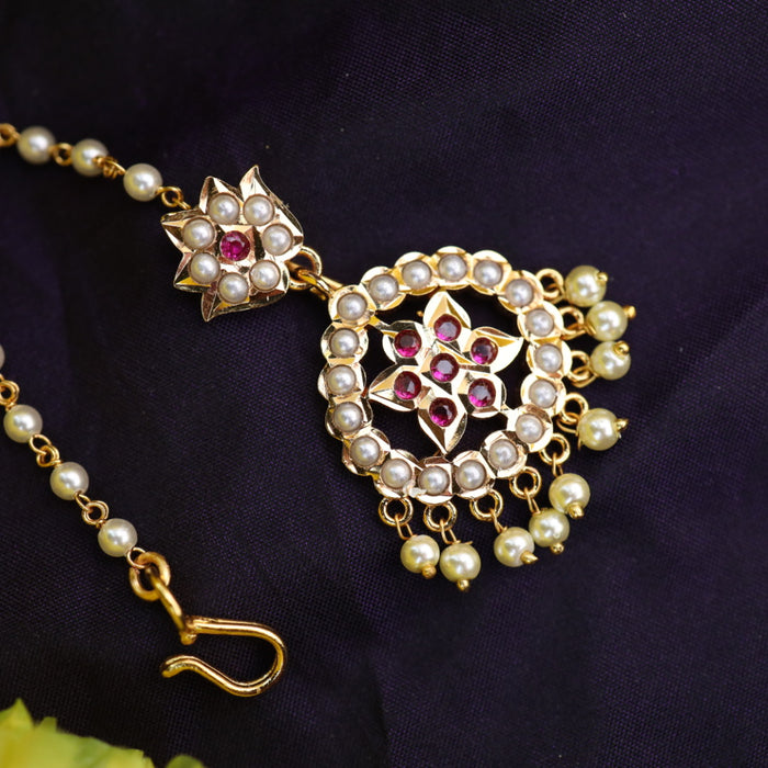 Heritage gold plated ruby stone and pearl tikka 331122