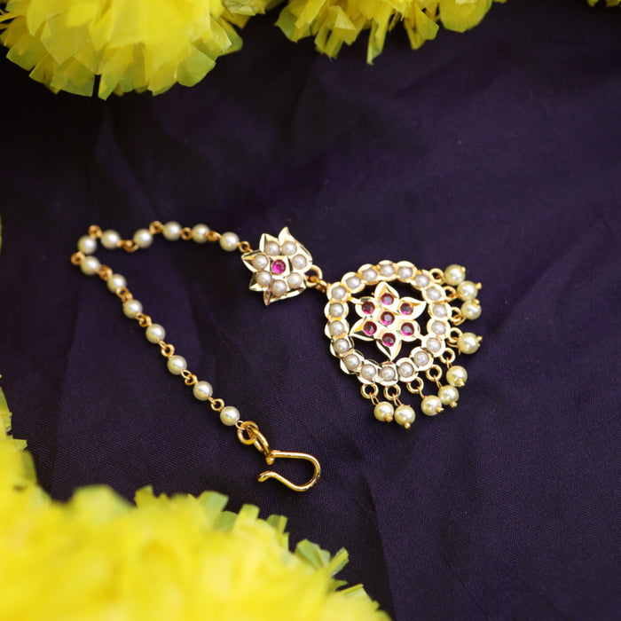 Heritage gold plated ruby stone and pearl tikka 331122