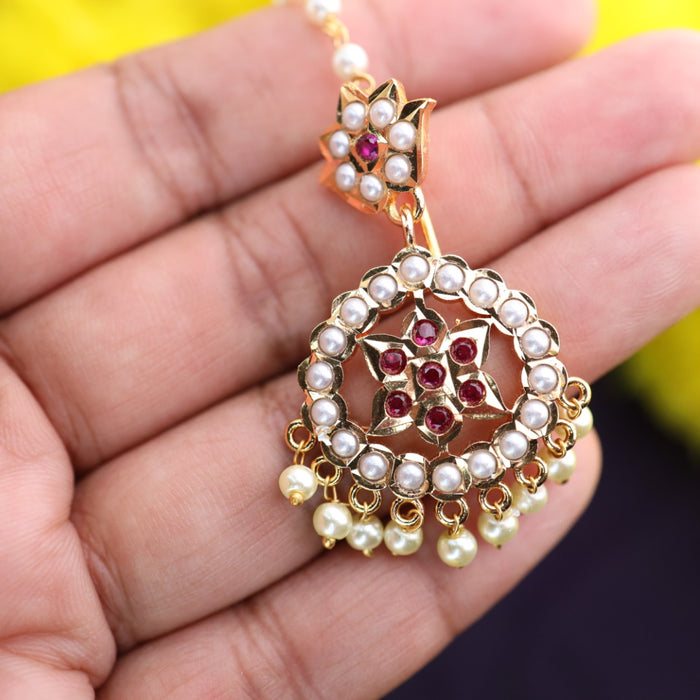 Heritage gold plated ruby stone and pearl tikka 331122