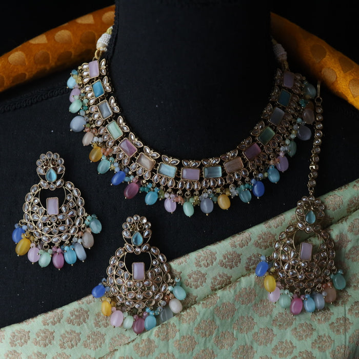 Trendy multi bead short necklace with earrings and tikka 1148872