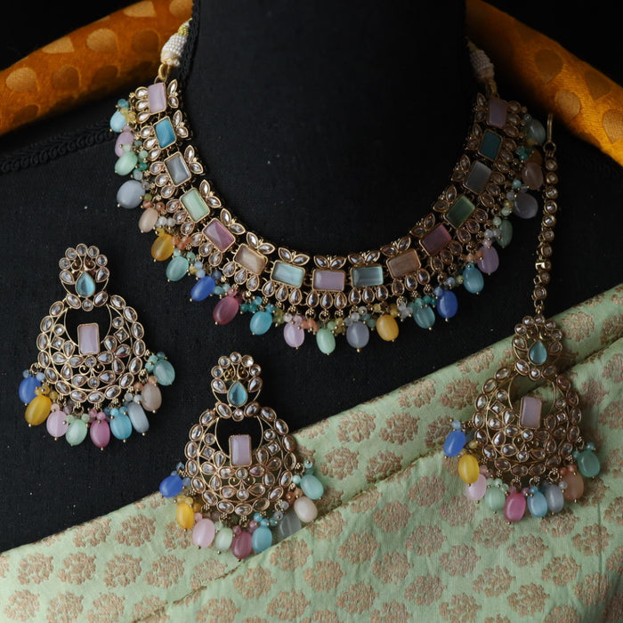 Trendy multi bead short necklace with earrings and tikka 1148872