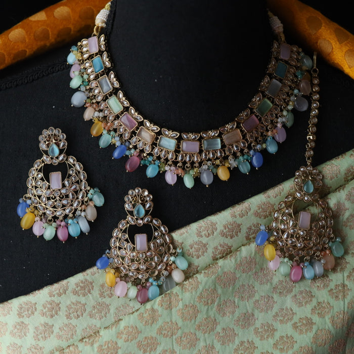 Trendy multi bead short necklace with earrings and tikka 1148872