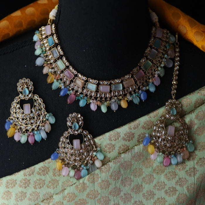 Trendy multi bead short necklace with earrings and tikka 1148872