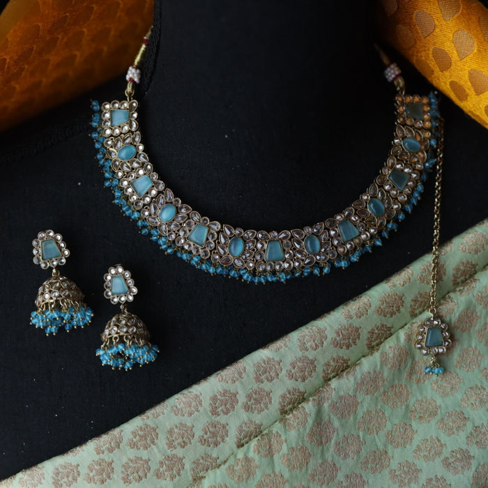Trendy blue bead short necklace with earrings and tikka 1148874