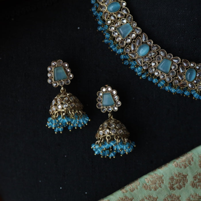 Trendy blue bead short necklace with earrings and tikka 1148874