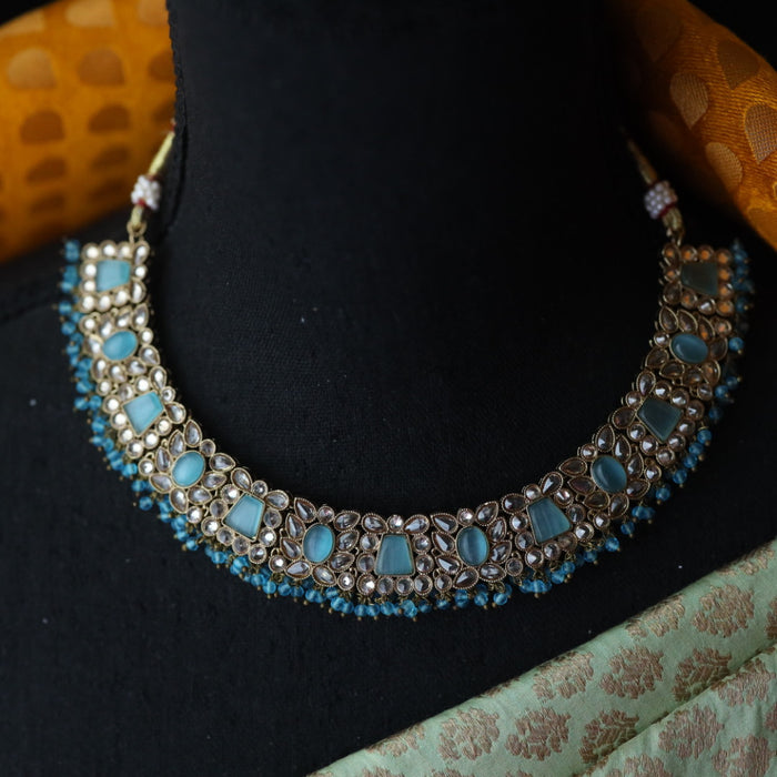 Trendy blue bead short necklace with earrings and tikka 1148874