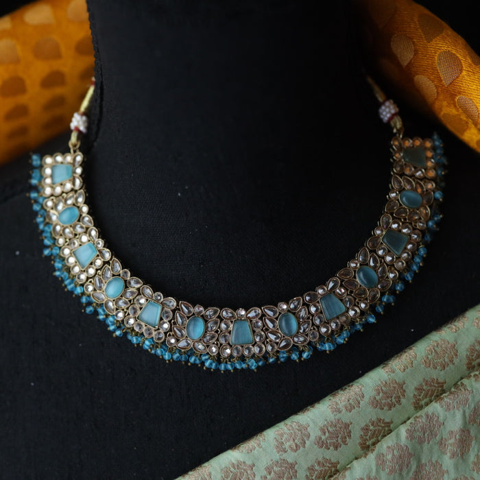 Trendy blue bead short necklace with earrings and tikka 1148874