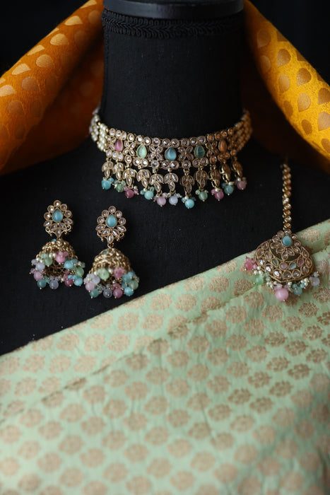Trendy multi colour bead choker necklace with earrings and tikka 485565