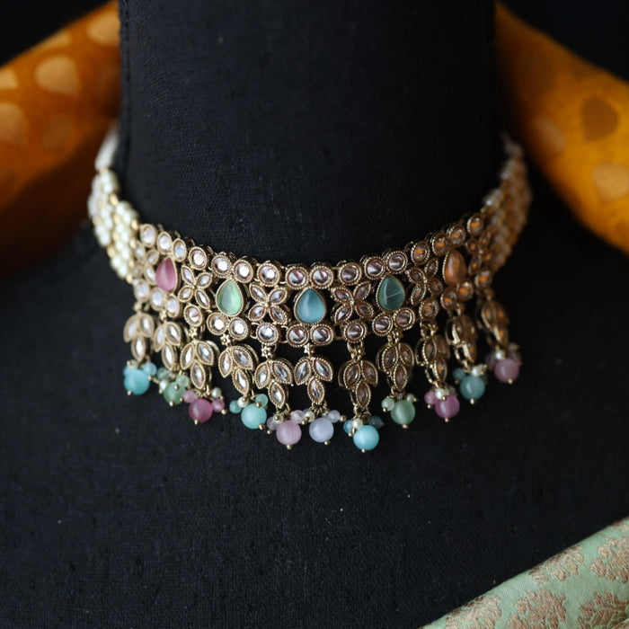 Trendy multi colour bead choker necklace with earrings and tikka 485565
