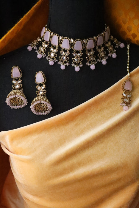 Trendy pink bead choker necklace with earrings and tikka 134512