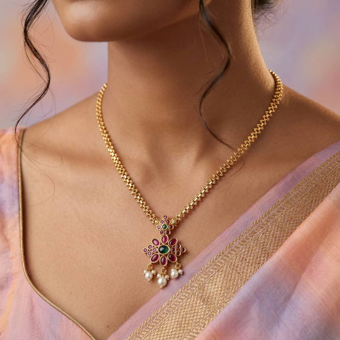 Heritage gold plated ruby stone short necklace H0087