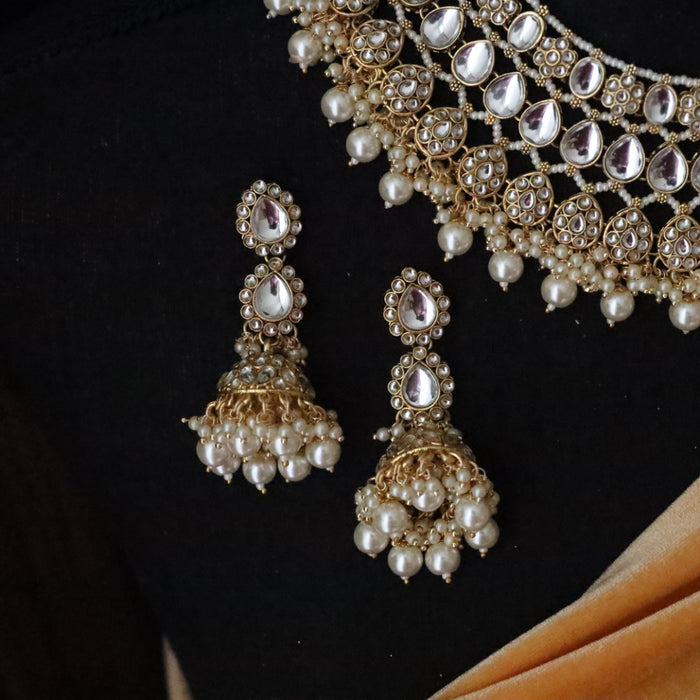 Trendy white stone short necklace with earrings and tikka 134505