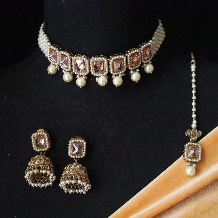 Trendy choker necklace with earrings and tikka 134510