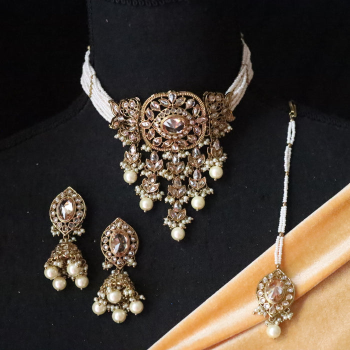 Trendy bead choker necklace with earrings and tikka 13644