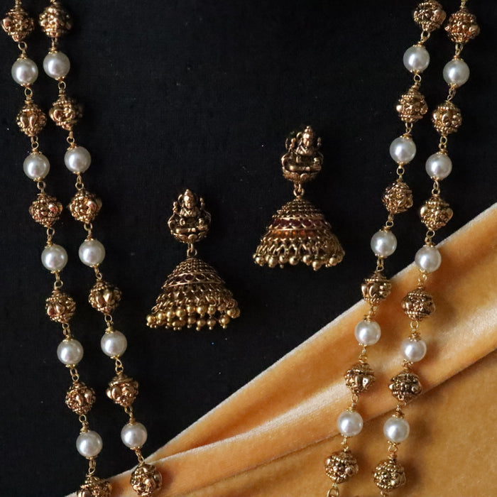 Antique pearl long necklace and earrings 143611