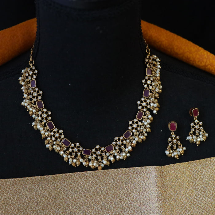 Antique ruby white stone short necklace with earrings 148809