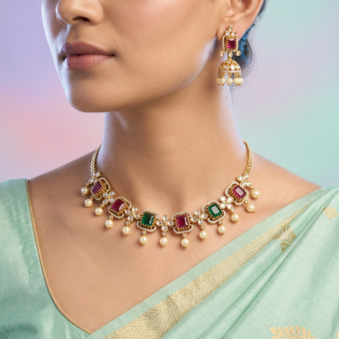 Antique ruby green choker necklace and earrings CCB1022