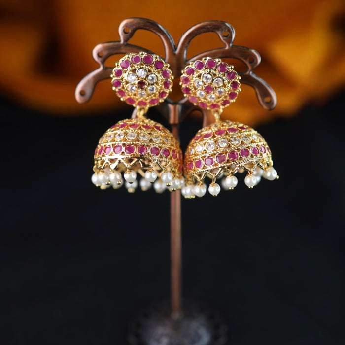 Heritage gold plated ruby & white stone jumka earrings (THICK SCREW BACK) 1246750