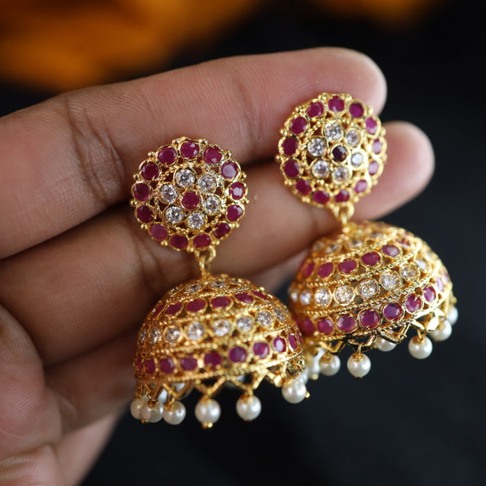 Heritage gold plated ruby & white stone jumka earrings (THICK SCREW BACK) 1246750