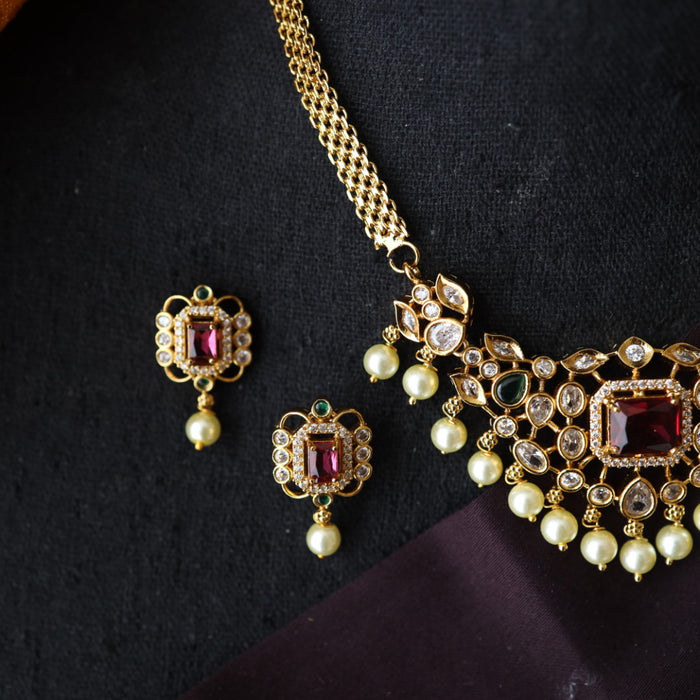 Antique ruby white stone short necklace with earrings TT02020