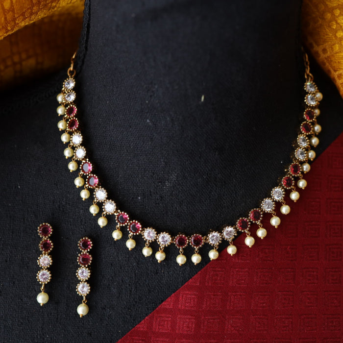 Antique ruby white stone short necklace and earrings 15667