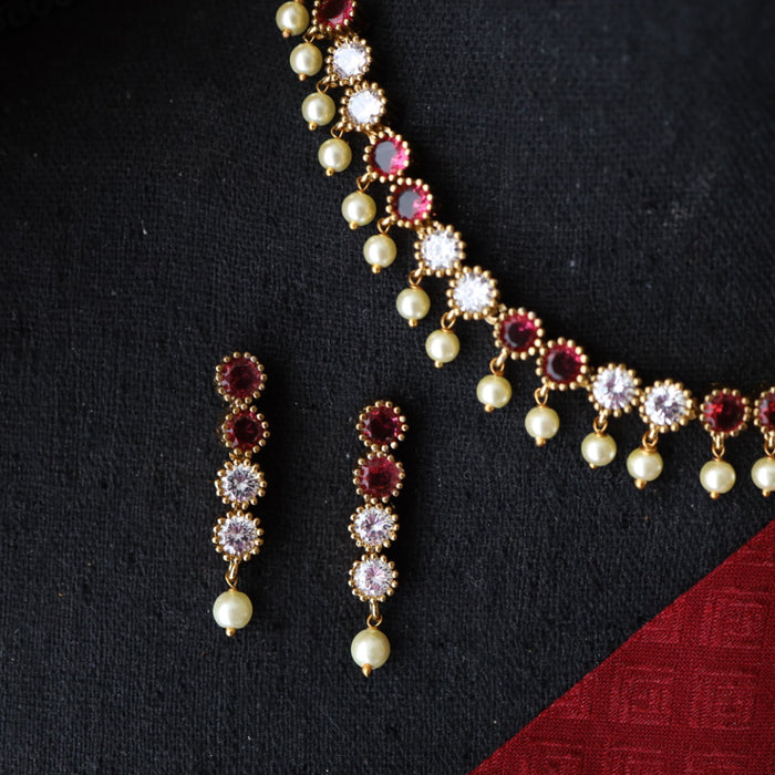 Antique ruby white stone short necklace and earrings 15667