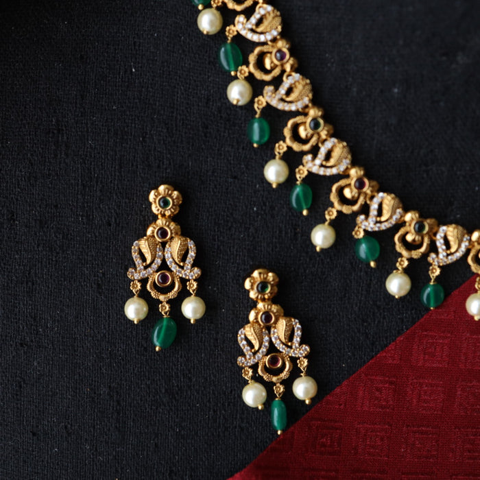 Antique green bead short necklace with earrings SS10-129