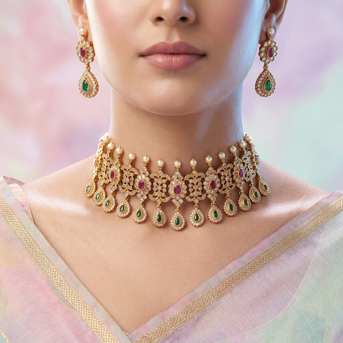 Antique gold choker necklace with earrings CCB203
